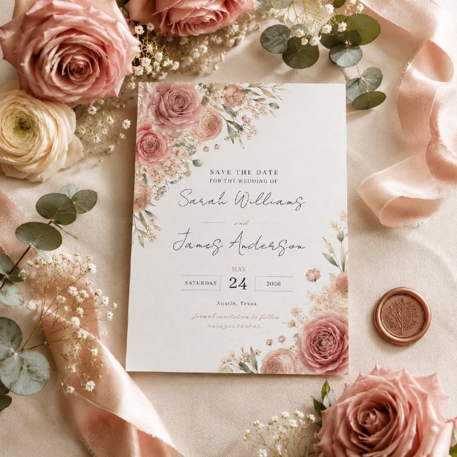 Carte de mise en garde Rose Poussiéreuse (Elegant flat lay featuring our Dusty Rose Romance Save the Date on premium ivory cardstock.)