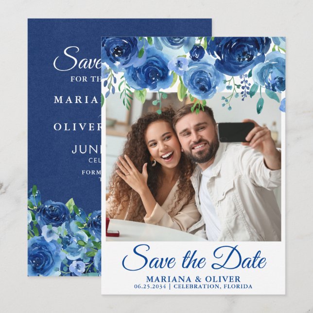 Carte de mise en mémoire de date de photo bleu mar (Devant / Derrière)