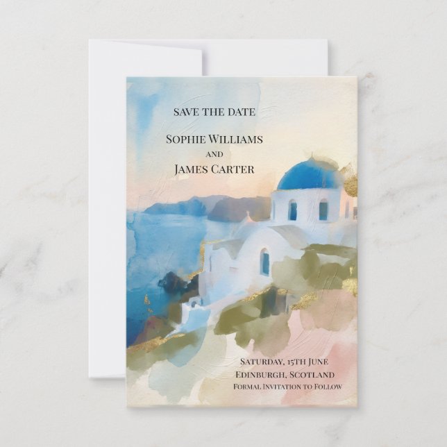 Carte de mise en vente à l'aquarelle Santorini (Devant)