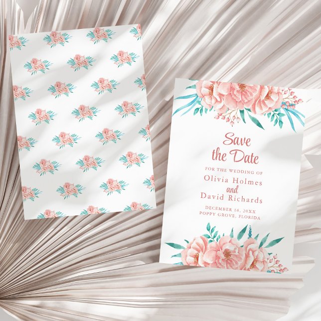 Carte de mise en vente de date de pêche et de turq (Peach and Turquoise Save the Date Card on a sunny white dry palm leaf.)
