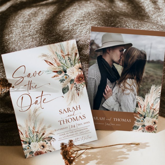 Carte de mise en vente Terracotta Bohème Rouille (Rust Boho Save The Date Card | Fall Terracotta Photo Wedding Save The Date Card (Front & Backside))
