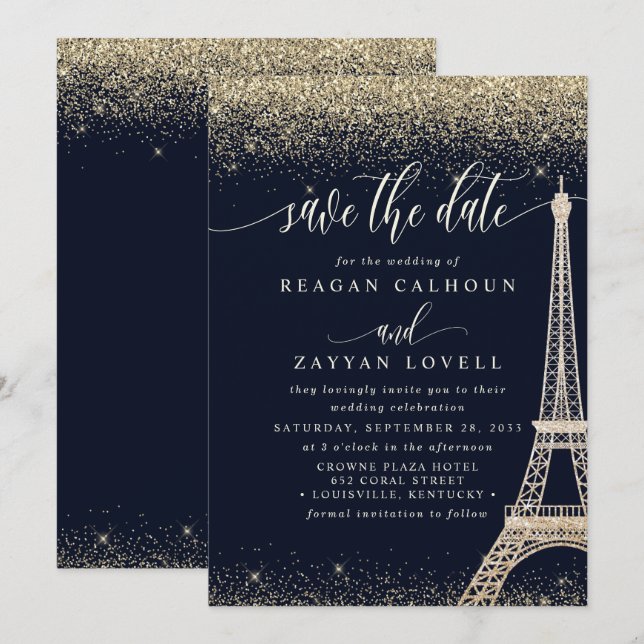 Carte de mise en vente Tour Eiffel Paris Navy Or (Devant / Derrière)