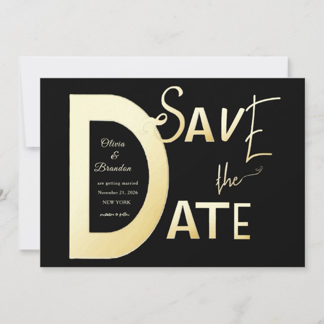 Carte de modèle noir et or "Save The Date" (Devant)