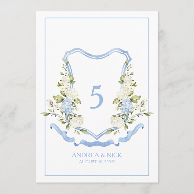 Carte de monogramme à blason d'hortensia bleu (Devant)