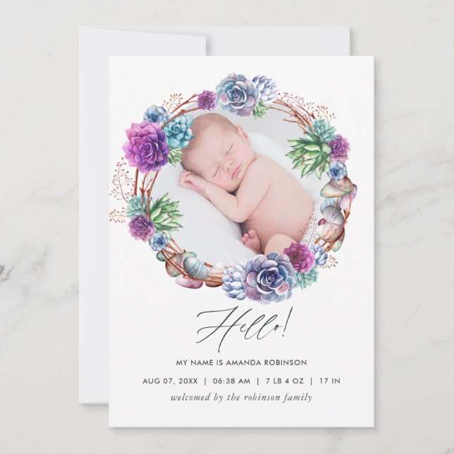 Carte de naissance avec photo de succulentes du dé (Devant)