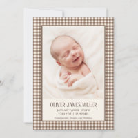 Carte de naissance bébé à carreaux bruns