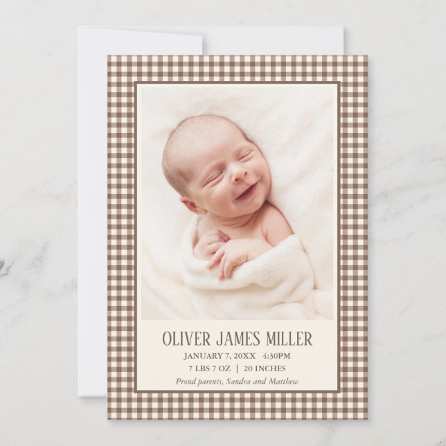 Carte de naissance bébé à carreaux bruns (Devant)