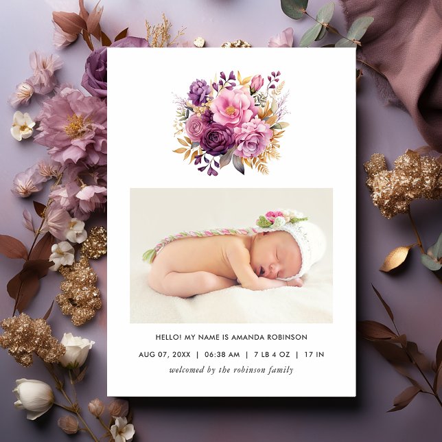 Carte de naissance florale mauve et or (Créateur téléchargé)