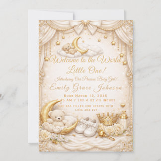 Carte de Naissance Luxueuse Fille Bébé en Or