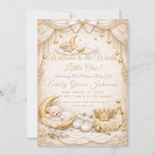 Carte de Naissance Luxueuse Fille Bébé en Or (Devant)