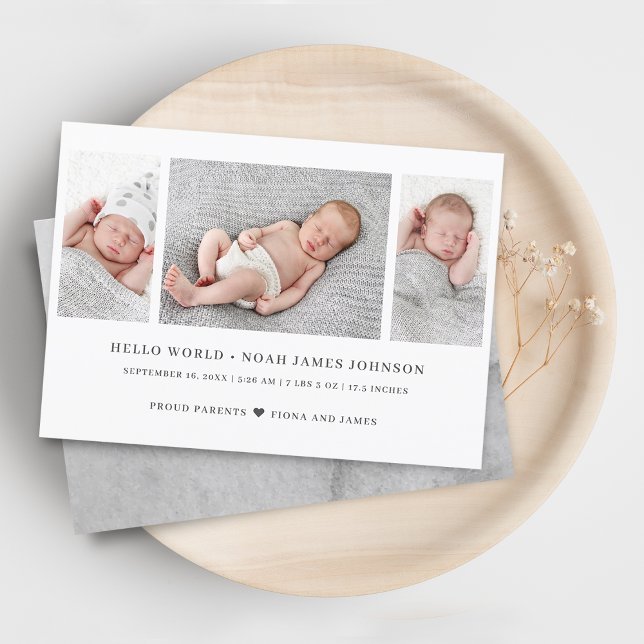 Carte de naissance moderne avec 3 photos en collag (Modern Birth Announcement 3 Photos Collage Card)