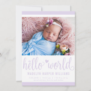 Carte de naissance Moderne Hello World Photo Viole