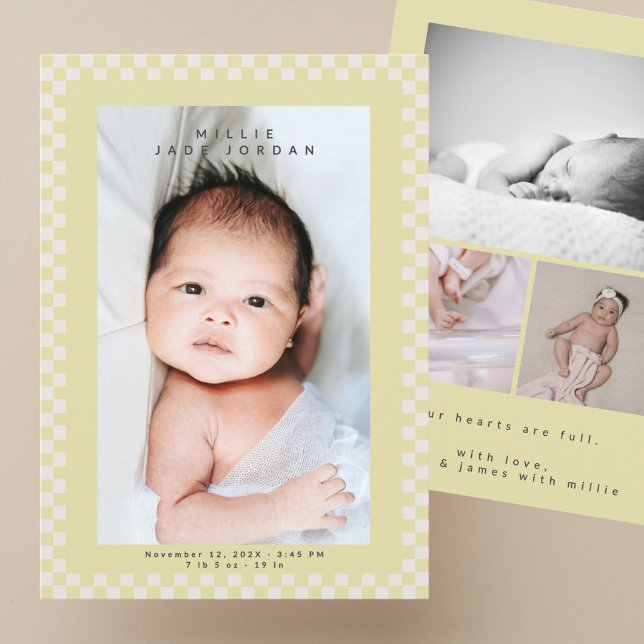 Carte de naissance moderne jaune beige pour bébé (Créateur téléchargé)