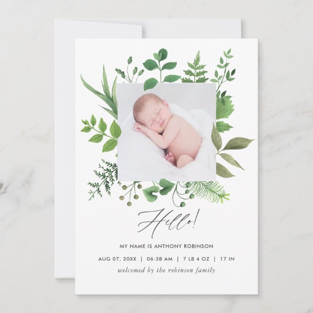 Carte de naissance photo à motif d'aquarelle verte (Devant)