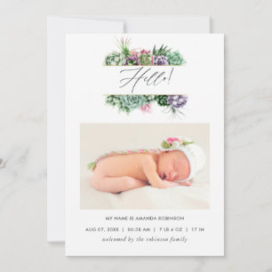 Carte de naissance photo aquarelle avec succulente