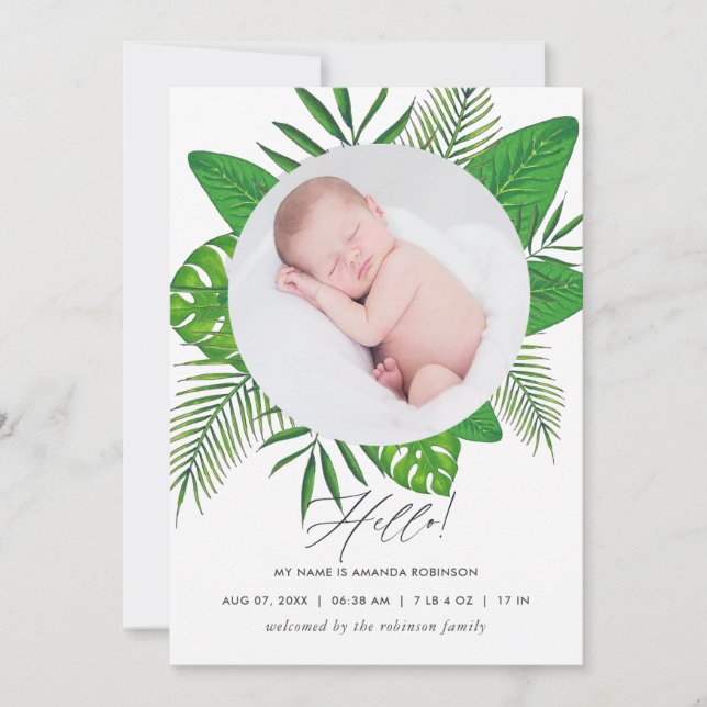 Carte de naissance photo avec feuilles tropicales (Devant)