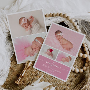 Carte de naissance photo de bienvenue bébé rose