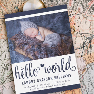 Carte de naissance photo Modern Hello World Navy