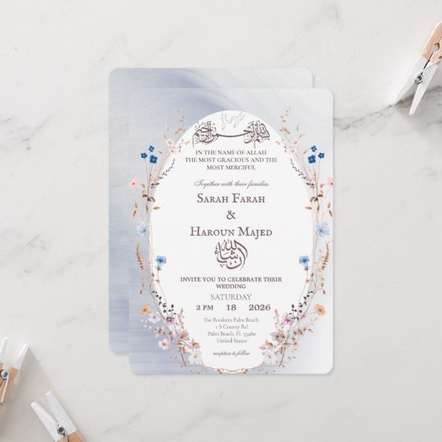 Carte de Nikkah musulmane Bismillah bleu et or (Devant/Arrière en situation)