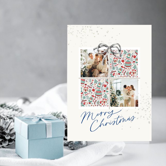 Carte de Noël 2 photos Cadeau Pull Moche Nœud Arge (Personalized Christmas card with two photo frames and festive holiday details)