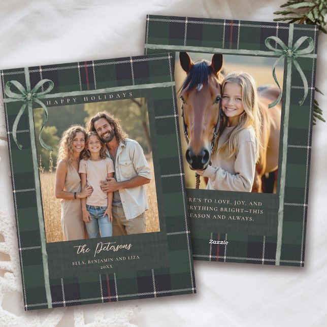 Carte de Noël 2 photos ruban vert (plaid tartan christmas photo card elegant 2 photos traditional classic scottish green bow)