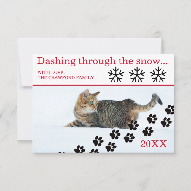 Carte de Noël 3x5 - Chat se précipitant dans la ne (Devant)