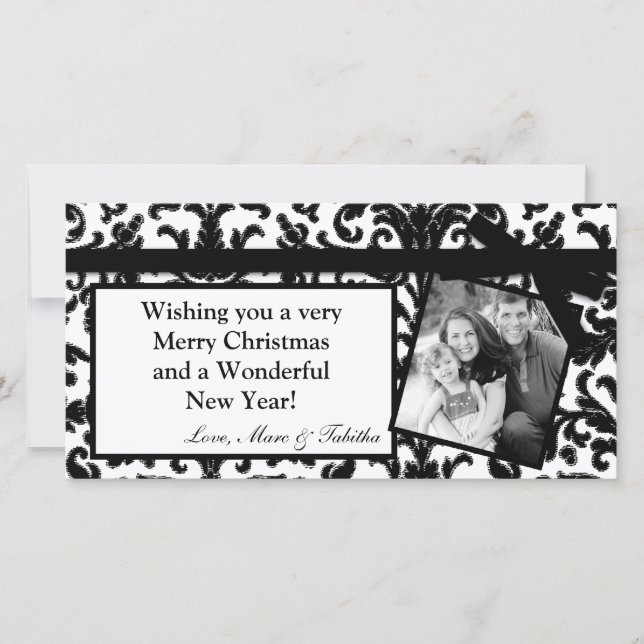 Carte de Noël 4x8 Black Damask Ribbon Frame (Devant)