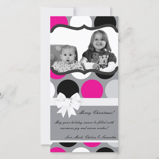 Carte de Noël 4x8 rose chaud noir Polka point phot (Devant)