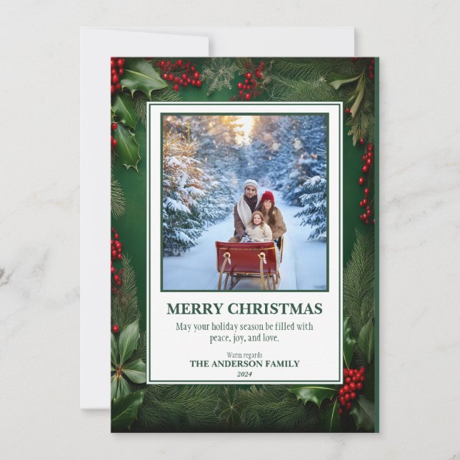 Carte de Noël à 2 photos avec feuillage de fête (Devant)