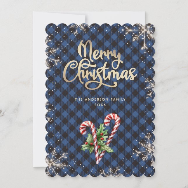 Carte de Noël à carreaux bleus avec flocons de nei (Devant)