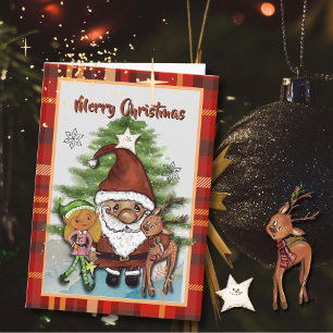 Carte de Noël à carreaux Père Noël, cerf et elfe F