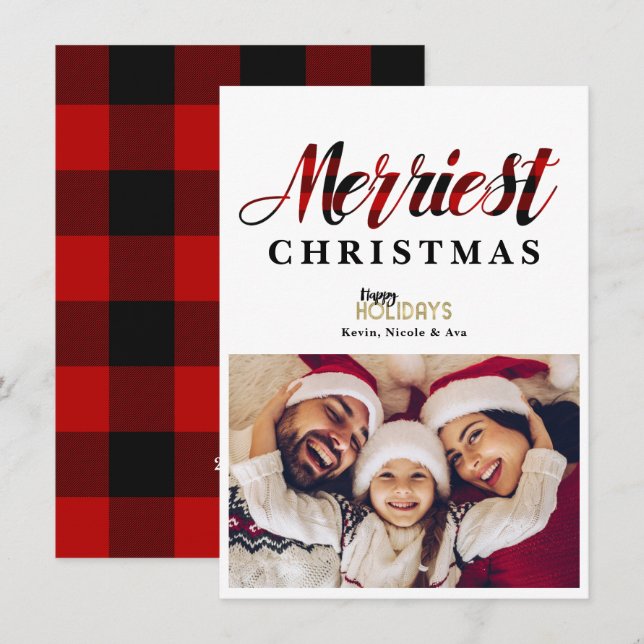 Carte de Noël à carreaux rouges la plus joyeuse po (Devant / Derrière)