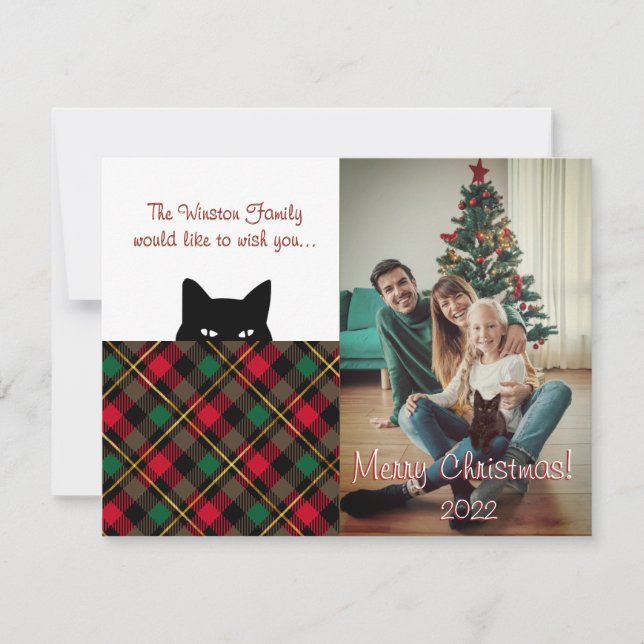 Carte de Noël à carreaux rouges pour chat sournois (Devant)