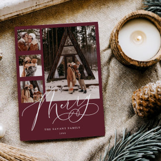 Carte de Noël à collage multi-photo Burgundy Merry