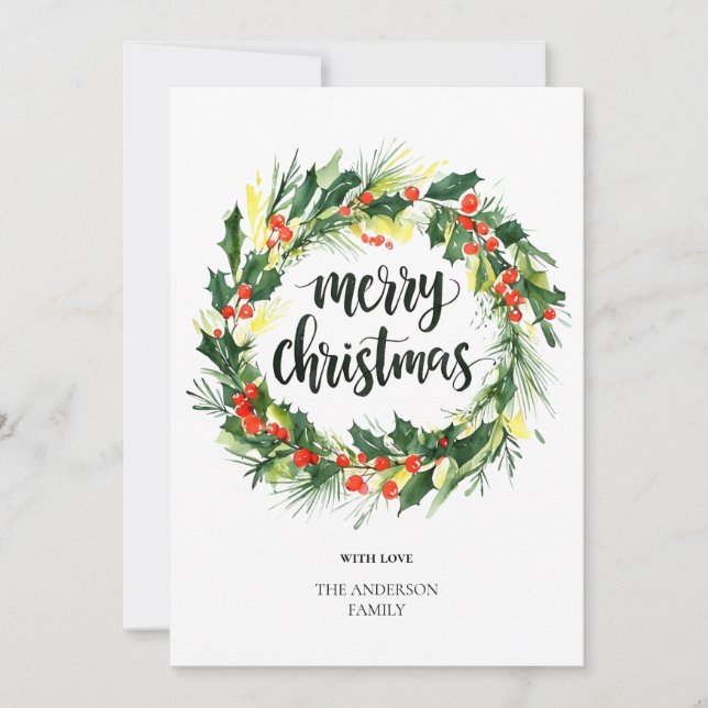 Carte de Noël à couronne élégante aquarelle | Plus (Devant)