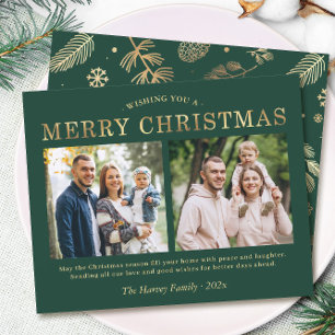 Carte de Noël à deux photos en or vert