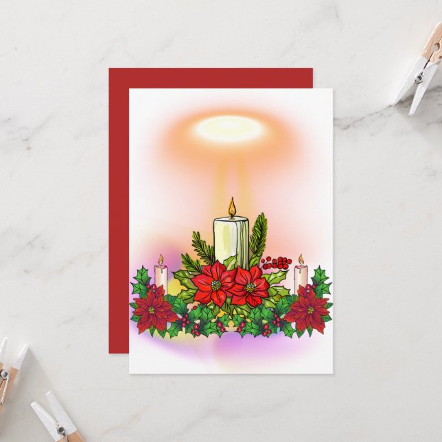 Carte de Noël à la bougie avec Poinsettia (Devant/Arrière en situation)