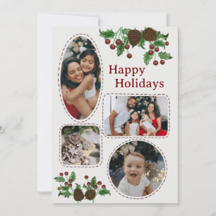 Carte de Noël à la main avec houx et pommes de pin