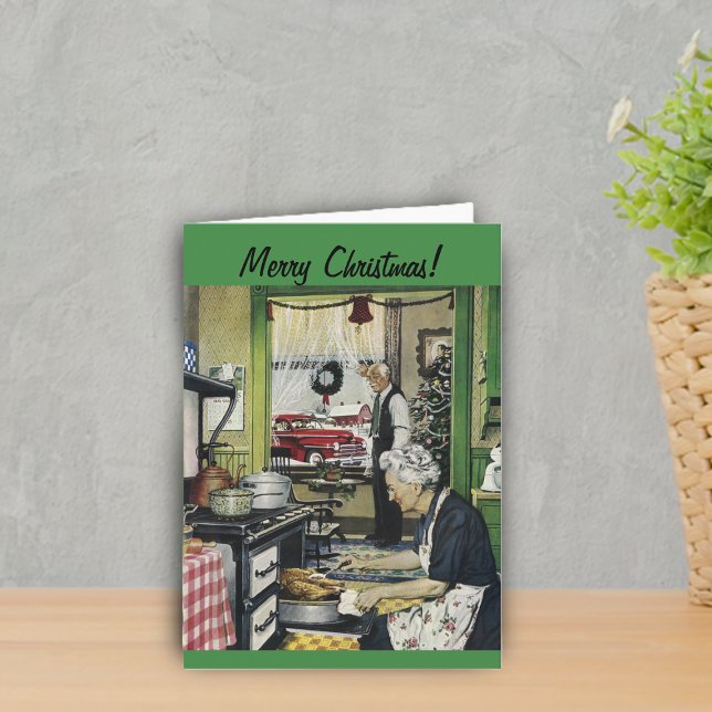 Carte de Noël à la maison Vintage (Vintage image in Grandma kitchen at holidays cooking dinner on green Merry Christmas card.)