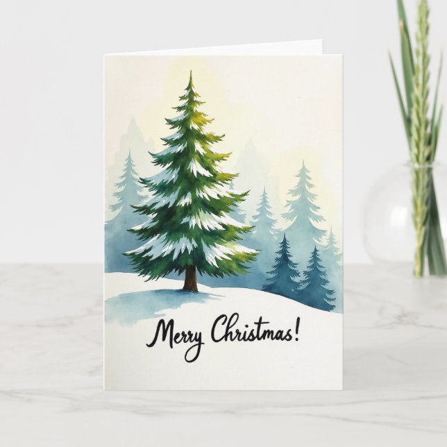 Carte de Noël à l'aquarelle avec arbre enneigé (Devant)