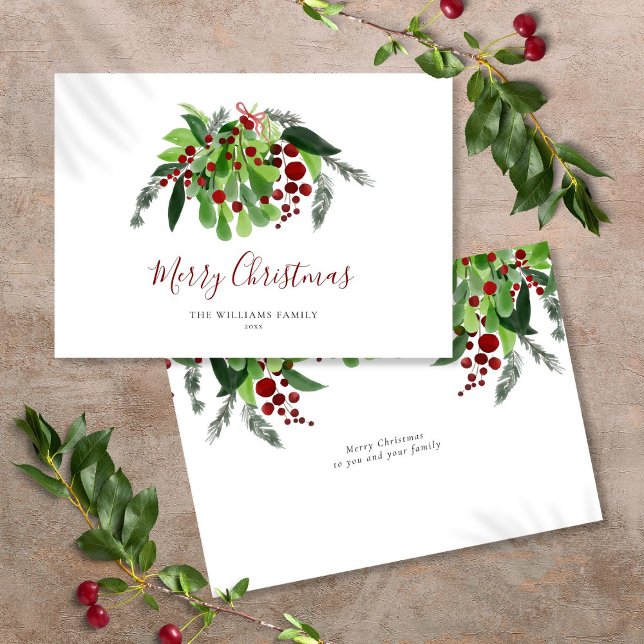 Carte de Noël à l'aquarelle avec des baies rouges  (Watercolor Greenery Red Berries Script Christmas Holiday Card)