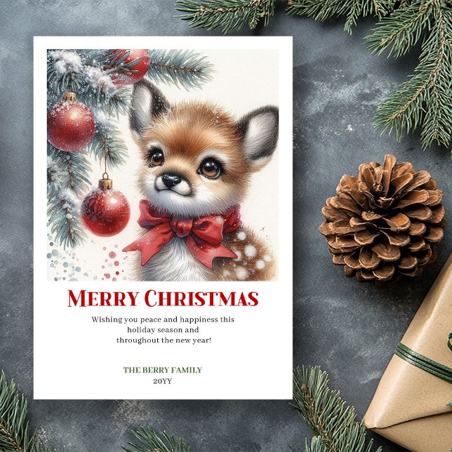 Carte de Noël à l'aquarelle de faon de forêt ennei (Cozy Snowy Forest Fawn Watercolor Christmas Card Christ)