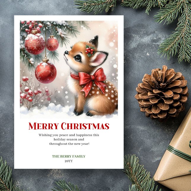 Carte de Noël à l'aquarelle de faon d'hiver magiqu (Magical Cozy Winter Fawn Watercolor Christmas Card)