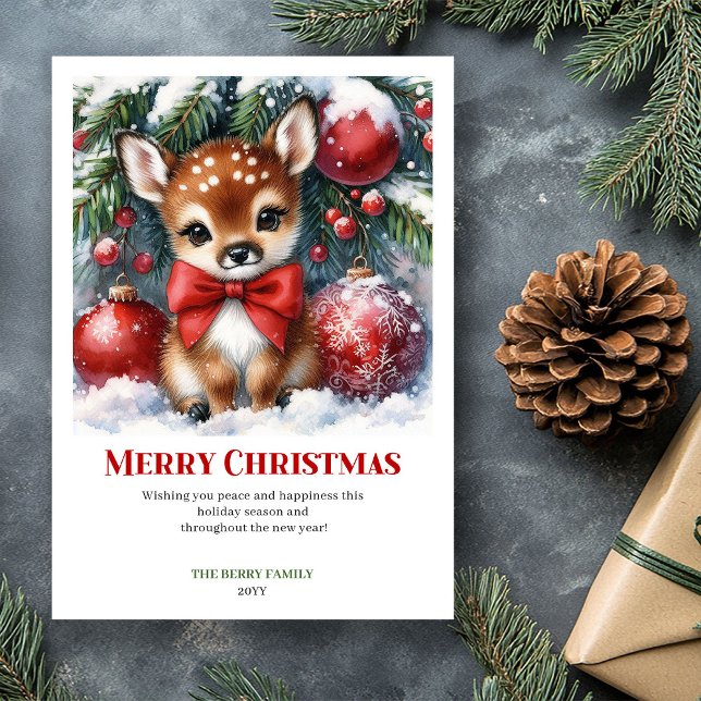 Carte de Noël à l'aquarelle de faon paisible Xmas (Peaceful Fawn Watercolor Snowy Christmas Card Xmas Card)