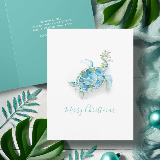 Carte de Noël à l'aquarelle de la tortue de mer de (Coastal Christmas cards turquoise watercolor sea turtle art by Victoria Grigaliunas Do Tell A Belle)