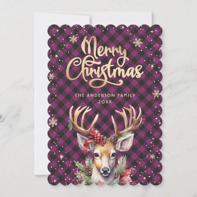 Carte de Noël à l'aquarelle de renne violet (Devant)