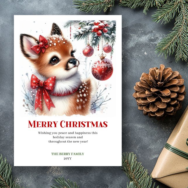 Carte de Noël à l'aquarelle Faon de la forêt chic  (Chic Hushed Forest Fawn Watercolor Christmas Card)