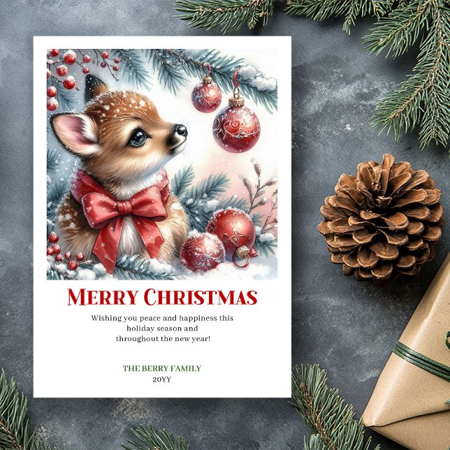 Carte de Noël à l'aquarelle Faon de la forêt ennei (Pure Snowy Forest Fawn Watercolor Christmas Card Christ)