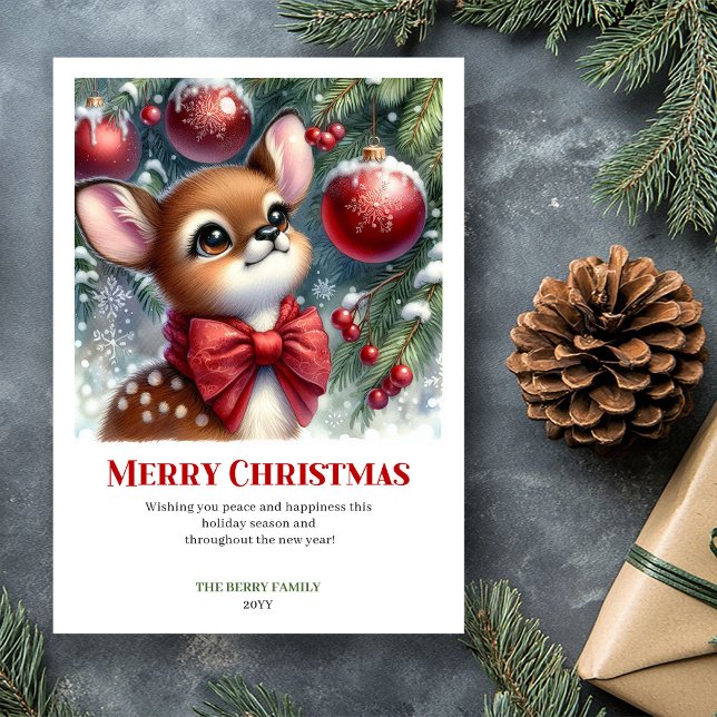Carte de Noël à l'aquarelle Faon Tendre et Mignon  (Tender Winter Fawn Watercolor Christmas Card Christmas)
