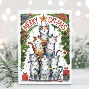 Carte de Noël à l'aquarelle Funny Merry Catmas
